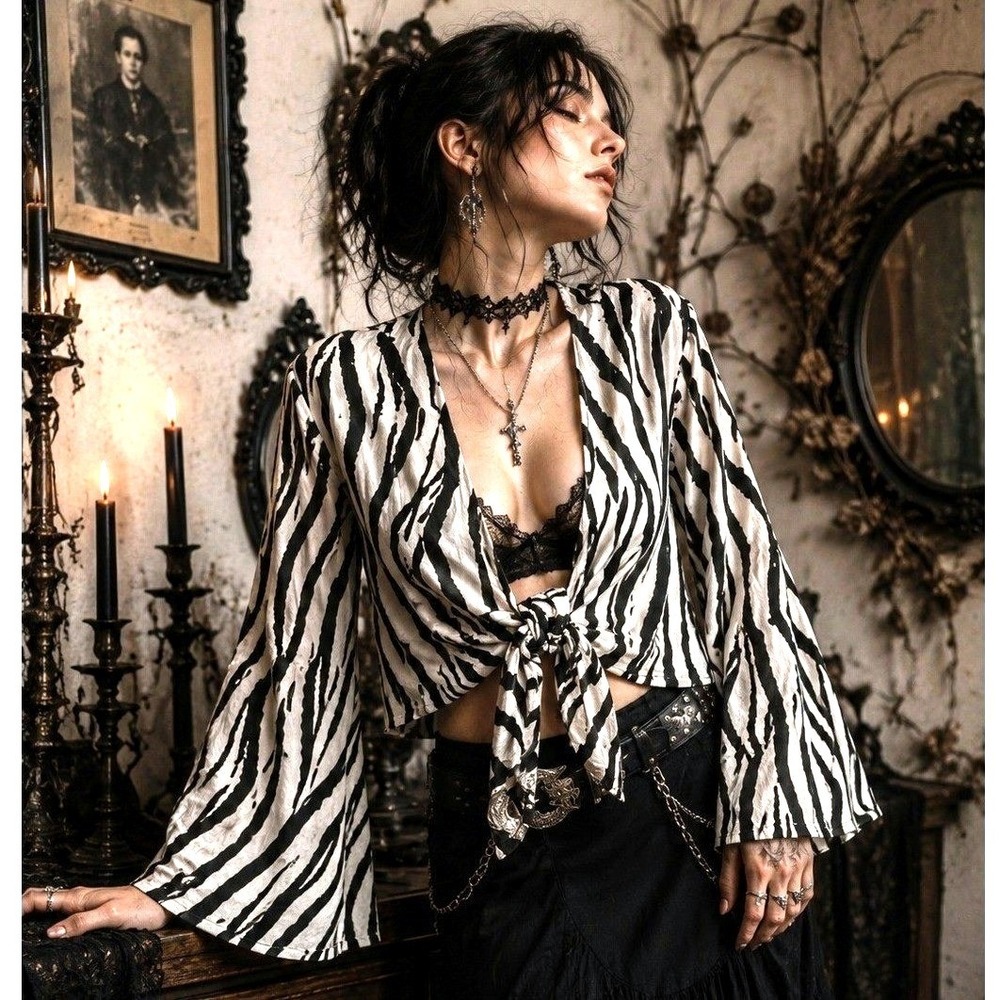 Whimsigoth Zebra Stripe Flare Bell Sleeve Crop Tie Front Top Womens O/S